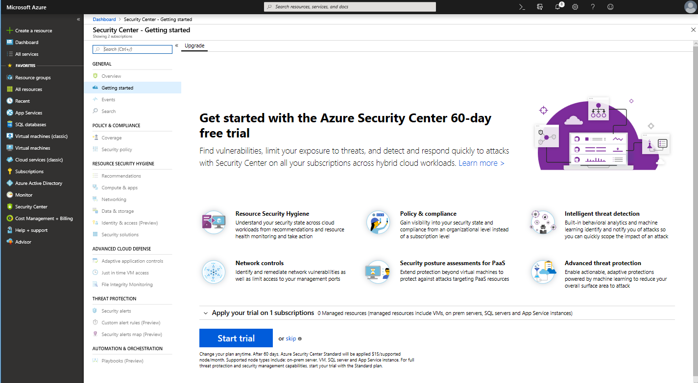 Azure Portal에서 클라우드용 Microsoft Defender - 시작 대시보드의 스크린샷 무료 60일 평가판 디스플레이에 대한 정보입니다.