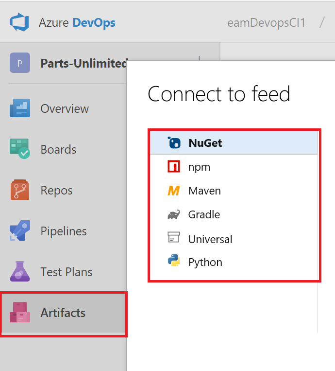 메뉴 창에 아티팩트가 강조 표시된 Azure DevOps의 스크린샷