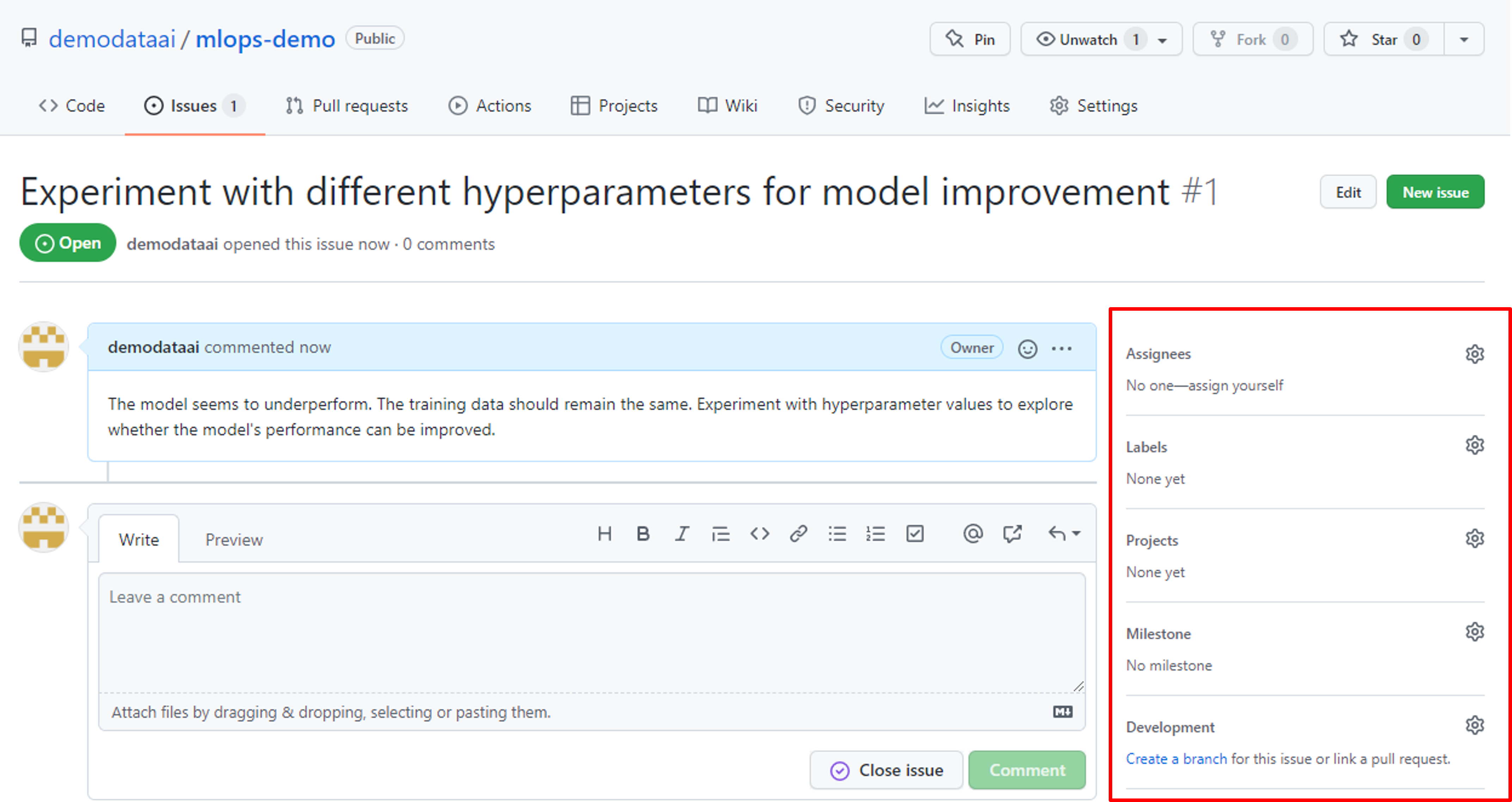 작업 창이 강조 표시된 GitHub 문제 스크린샷