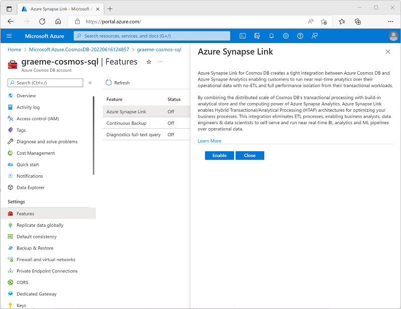 Cosmos DB for NoSQL 계정에 대해 Azure Synapse Link를 사용하도록 설정하는 옵션을 보여주는 스크린샷.