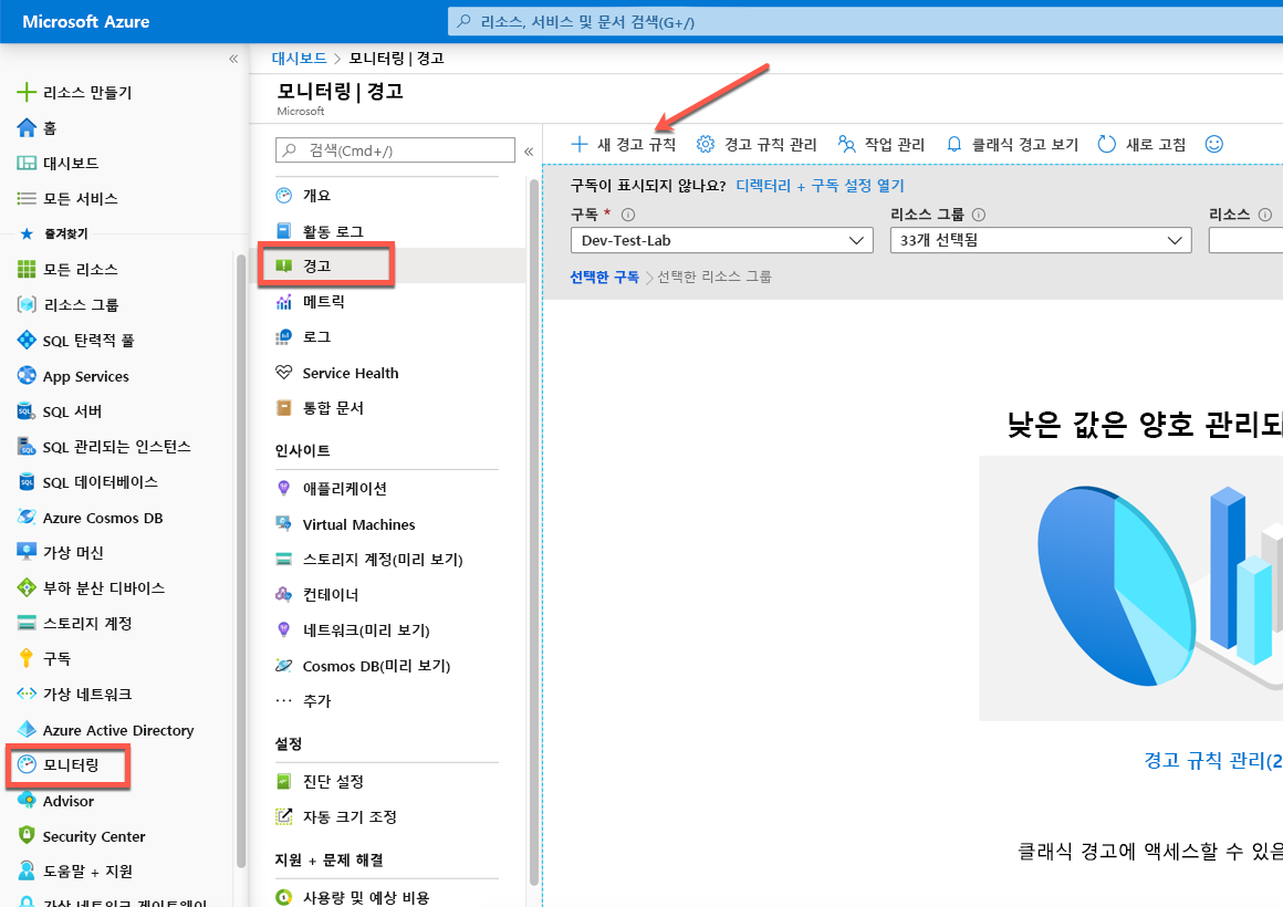 Azure Portal 경고 페이지의 스크린샷