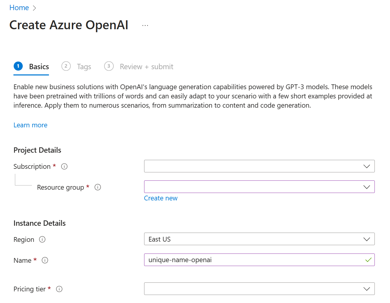 Azure OpenAI Service 리소스를 만드는 Azure Portal 페이지의 스크린샷