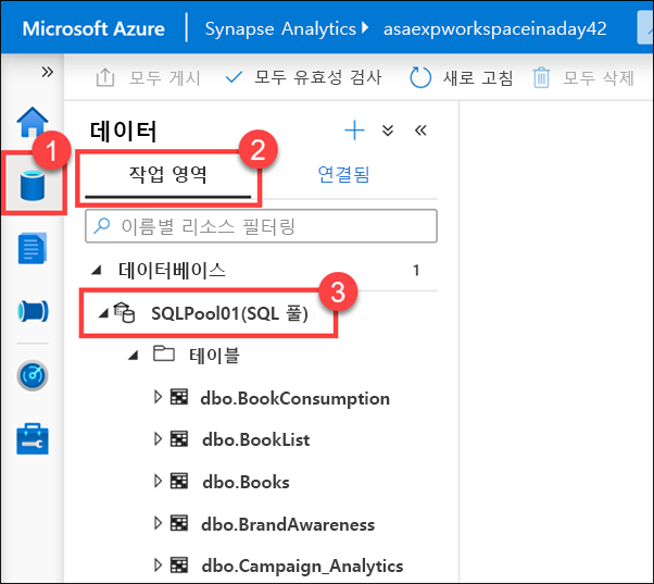 Azure Synapse Studio의 데이터 허브에서 작업 영역 보기