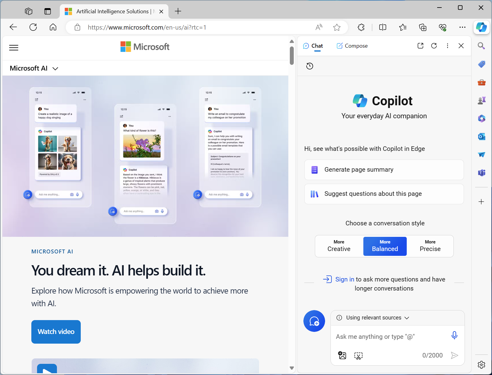 Edge 웹 브라우저에 통합된 Microsoft Copilot의 스크린샷.