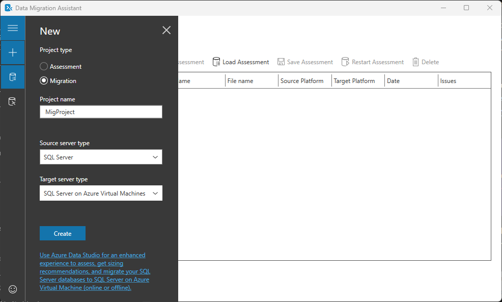 Data Migration Assistant 도구와 새 마이그레이션 프로젝트 옵션의 스크린샷.