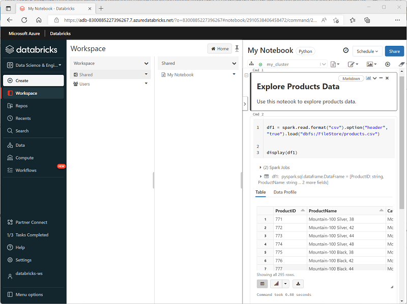 Azure Databricks의 Notebook 스크린샷.