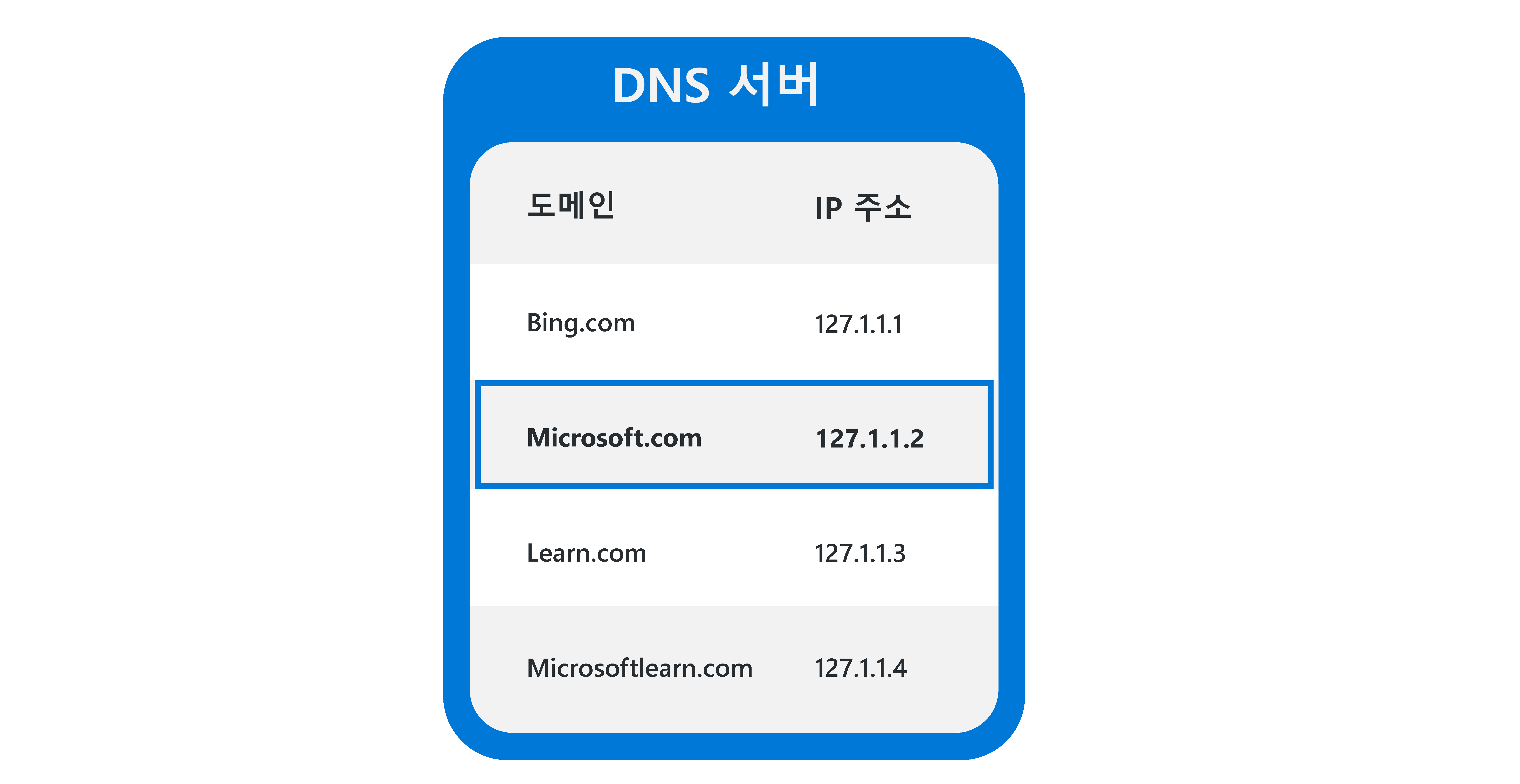 도메인 microsoft.com이 검색된 DNS 조회 표를 간단히 표시하고 해당 IP 주소를 보여 주는 다이어그램