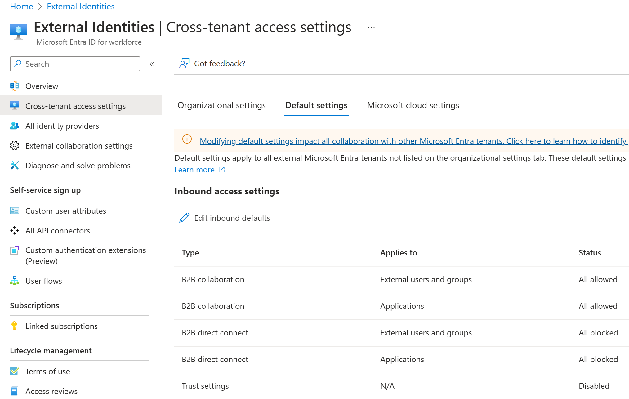 Microsoft Entra ID 외부 ID 테넌트 간 액세스 제어 대화 상자의 스크린샷. 인바운드 및 아웃바운드 액세스를 구성합니다.