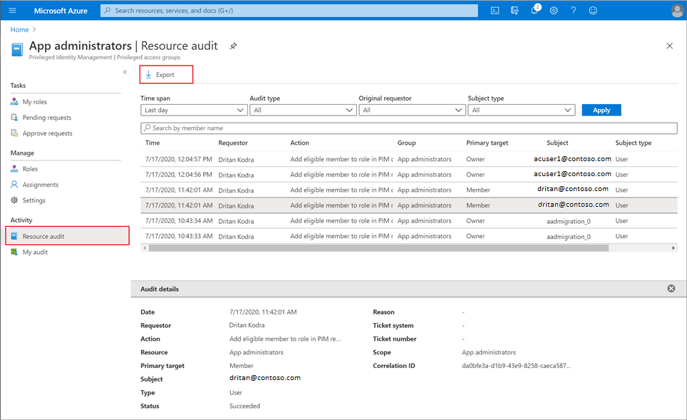 Screenshot of the Resource audit list with the available filters displayed.