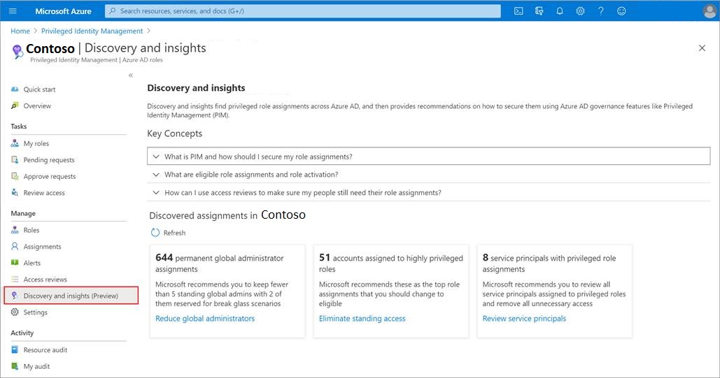 Screenshot of the Discovery and insights page to reduce exposure via privileged roles.