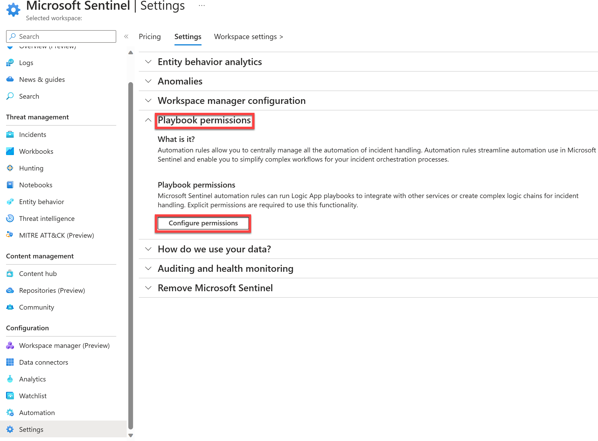 Microsoft Sentinel 플레이북 권한의 스크린샷