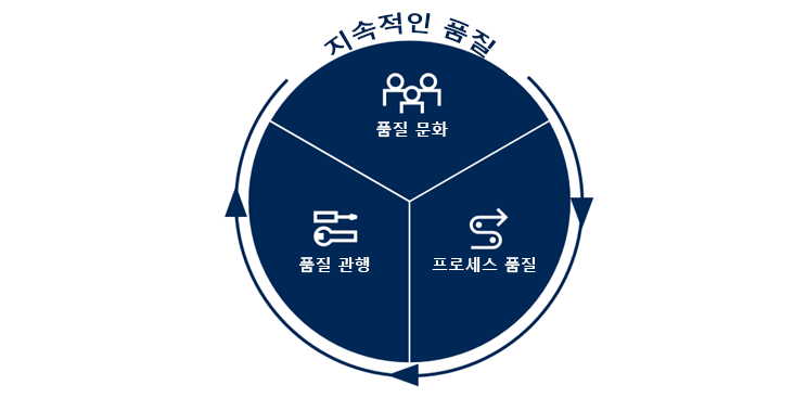 다이어그램은 지속적인 품질에 품질 문화, 품질 프로세스, 품질 관행이 포함됨을 보여 줍니다.