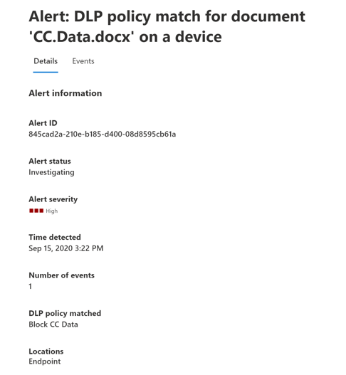 Screenshot of the D L P Alerts Management dashboard showing the Details tab for an alert.