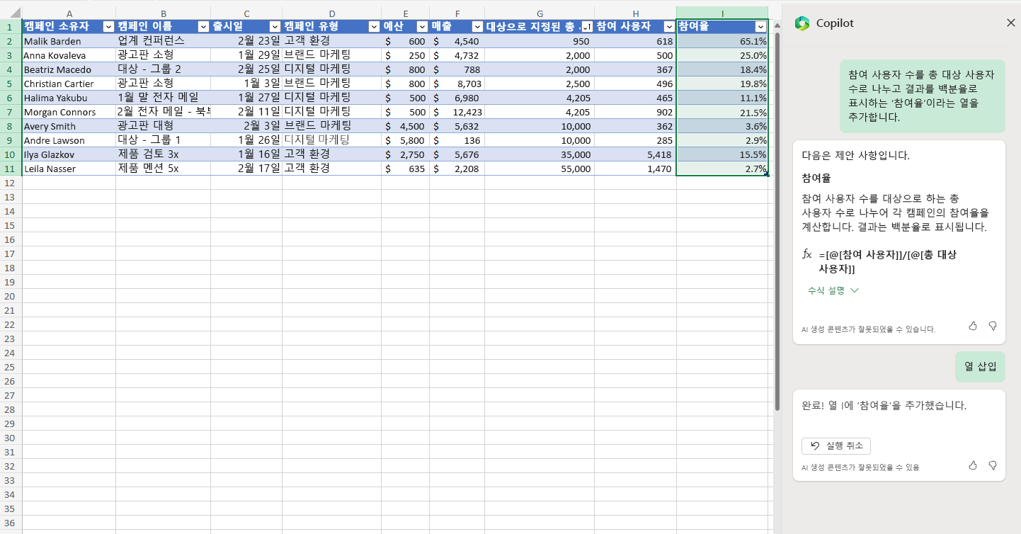 참여율에 대한 열을 삽입하는 Excel의 Copilot 스크린샷.