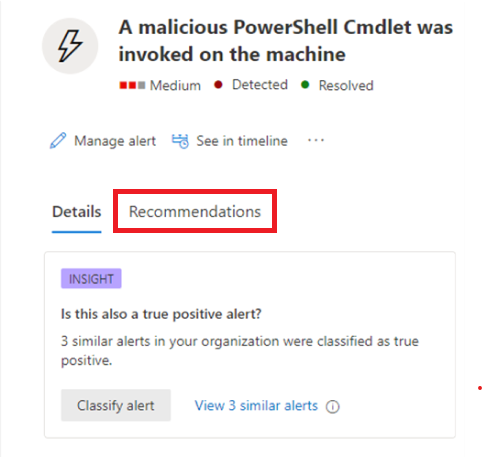 Screenshot of the alerts detail pane with the Recommendations option highlighted.