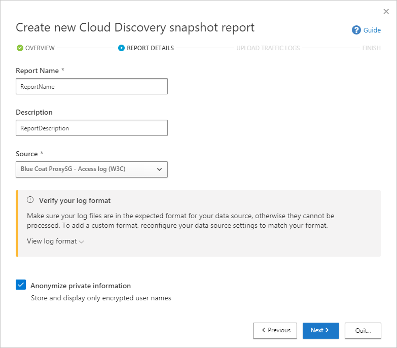 Screenshot of the Create New Cloud Discovery Snapshot Report wizard showing the page to enter the report details.