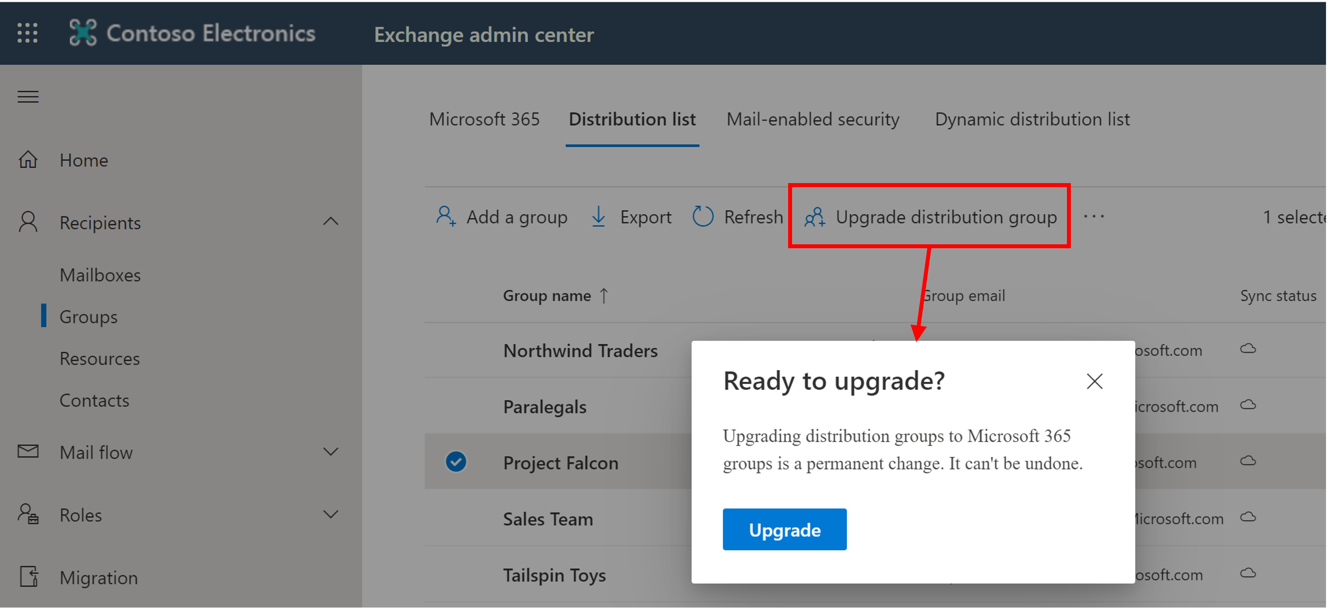 Exchange 관리 센터의 배포 그룹 업그레이드 대화 상자 스크린샷