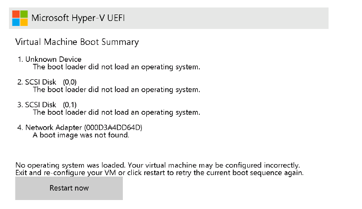 누락된 UEFI 부팅 이미지에 대한 hyper-V 오류 메시지의 스크린샷