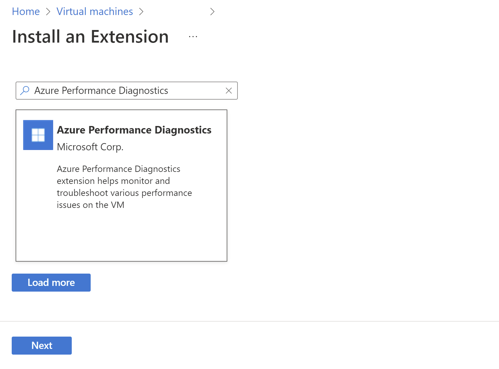 Azure Performance Diagnostics가 강조 표시된 새 리소스 화면의 스크린샷