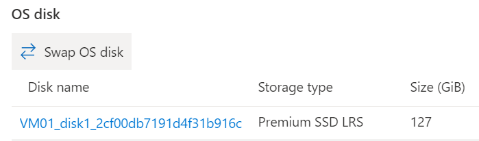 O S 디스크 교환 옵션이 강조 표시된 Azure Portal의 디스크 블레이드 스크린샷