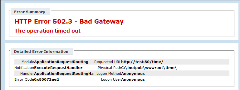 서버에서 자세한 오류를 사용하도록 설정할 때 나타나는 자세한 502 오류를 보여 주는 스크린샷