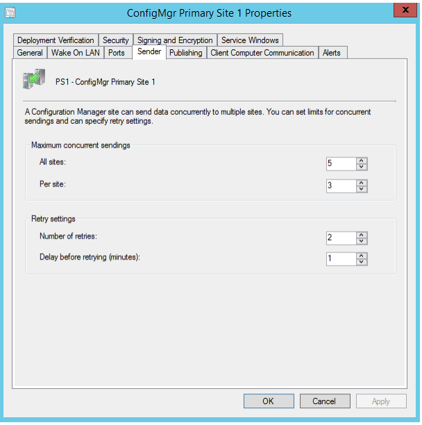 스크린샷은 ConfigMgr 기본 사이트 속성 창 보낸 사람 탭 아래의 정보를 보여줍니다.