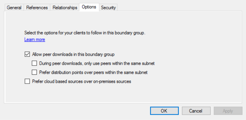 옵션 탭 아래의 이 경계 그룹 설정에서 피어 다운로드 허용 스크린샷