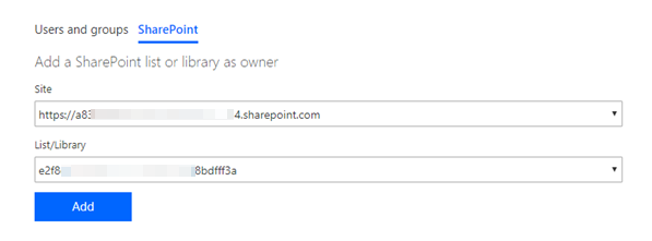 SharePoint 목록 및 라이브러리와 흐름을 공유하는 스크린샷.