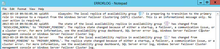 자동 장애 조치(failover)가 성공적으로 트리거된 경우 오류 로그의 스크린샷.