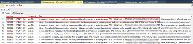 SQL19AGN1 오류 로그에 보고된 연결 시간 초과를 보여 주는 스크린샷