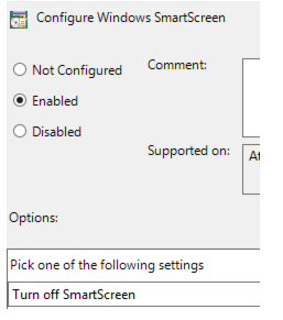 SmartScreen 끄기 옵션을 선택할 때 그룹 정책 개체 편집기의 Windows SmartScreen 구성 창 스크린샷