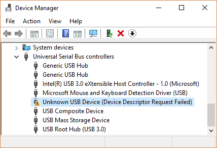 알 수 없는 USB 디바이스를 보여주는 디바이스 관리자의 스크린샷