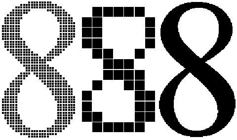 Digit 8 digitized on coarse, medium and fine grids