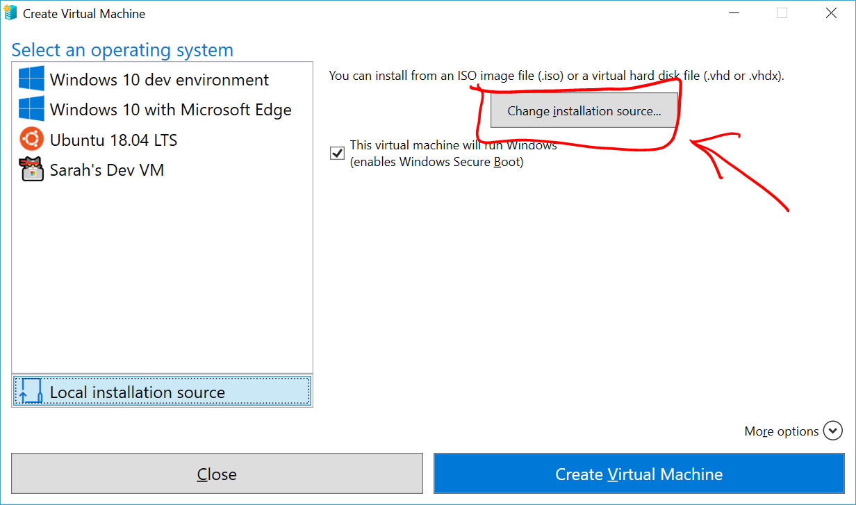 운영 체제 선택 창을 보여 주는 Virtual Machine 만들기 화면의 스크린샷.