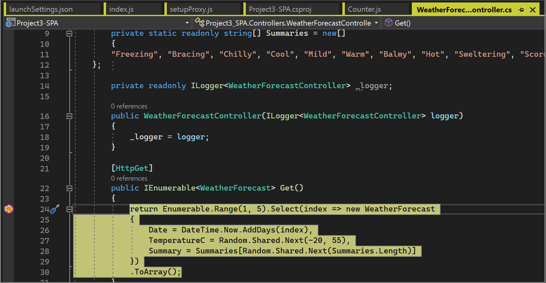 서버 쪽 ASP.NET Core 코드 디버깅을 보여 주는 스크린샷.