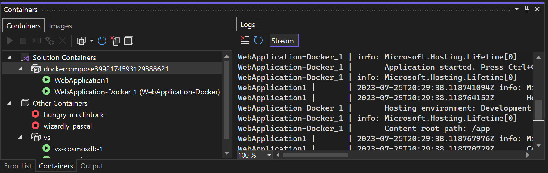 컨테이너 창의 Docker Compose 노드를 보여 주는 스크린샷.