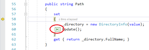 함수 호출의 왼쪽에 나타나는 클릭까지 실행 단추를 보여 주는 Visual Studio 디버거 스크린샷