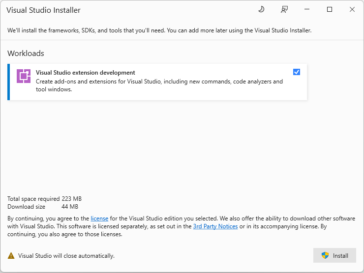 확장 개발 워크로드를 설치하는 Visual Studio 대화 상자를 보여 주는 스크린샷