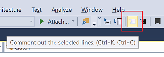 Visual Studio의 편집기 도구 모음에 있는 주석 처리 단추 스크린샷