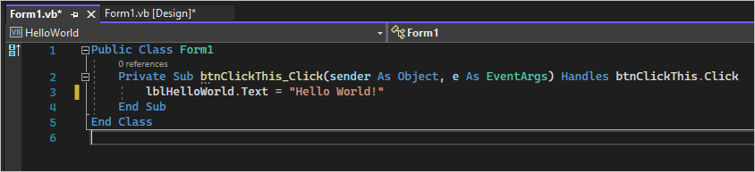 스크린샷은 Visual Basic 코드를 추가할 수 있는 Form1.vs 탭의 클래스를 보여줍니다.