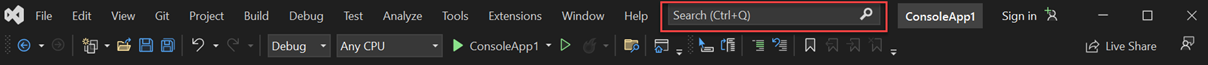 Screenshot of the Search box in Visual Studio 2022.
