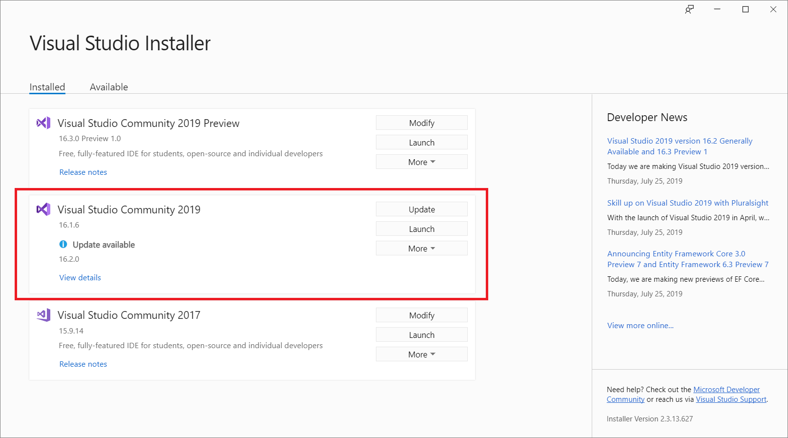 사용 가능한 업데이트가 포함된 Visual Studio 2019 설치를 보여 주는 스크린샷