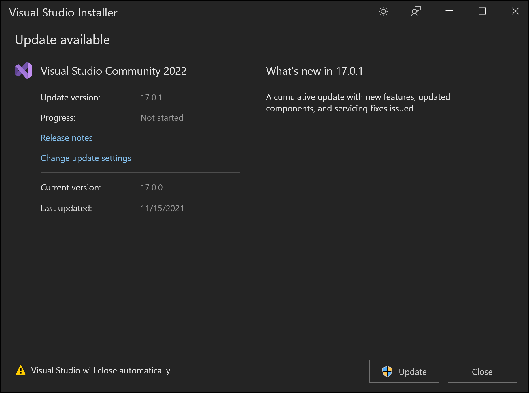 Visual Studio 2022의 '사용 가능한 업데이트' 대화 상자의 업데이트 단추를 보여 주는 스크린샷