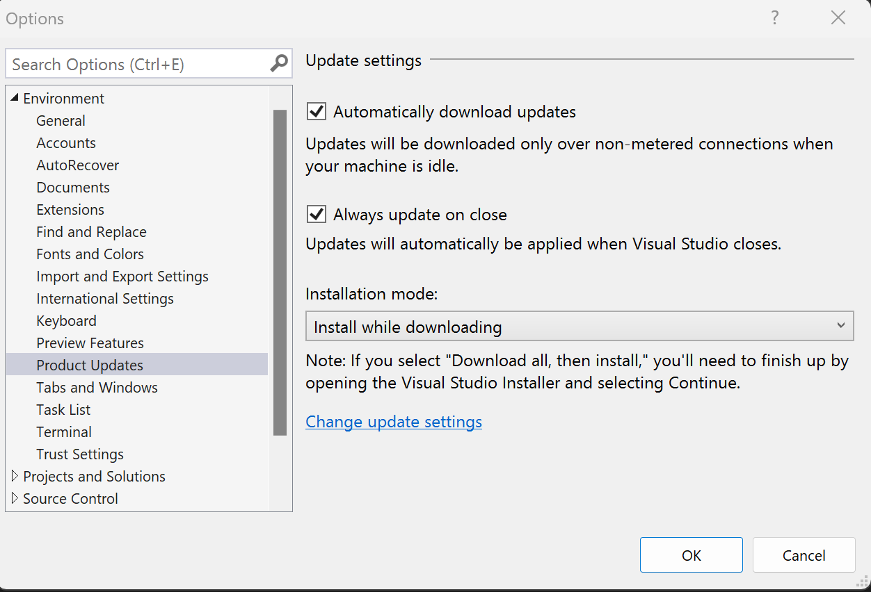 Visual Studio IDE의 옵션 창에서 업데이트 설정을 보여 주는 스크린샷