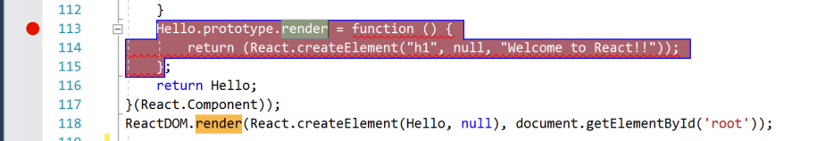 Visual Studio 코드 창의 스크린샷 return 문이 선택되고 왼쪽 여백에 빨간색 점이 있으면 중단점이 설정되었음을 나타냅니다.