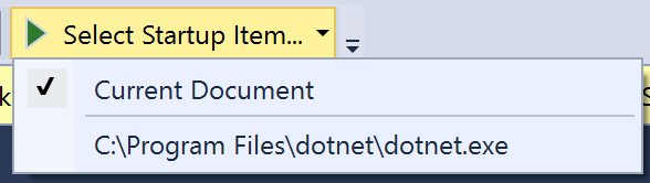 Screenshot that shows the Visual Studio Debug button when selecting a debugging session from the Select Startup Item drop-down.