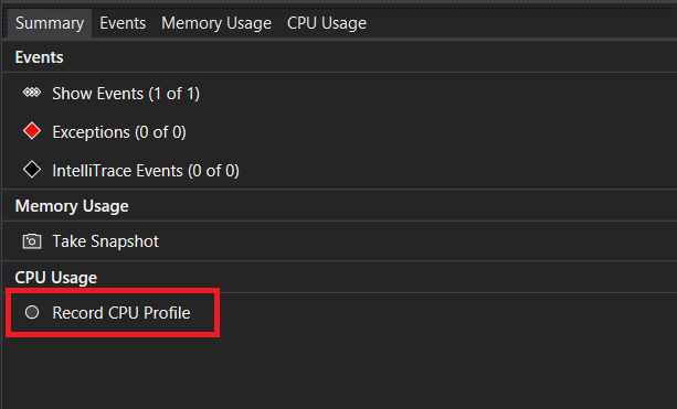 진단 도구가 CPU 프로파일링을 활성화하는 것을 보여주는 스크린샷