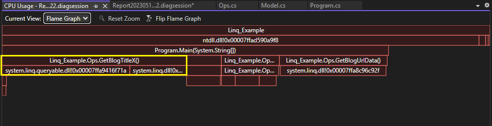 CPU 사용량 도구의 플레임 그래프 뷰에서 개선된 CPU 사용량의 스크린샷.