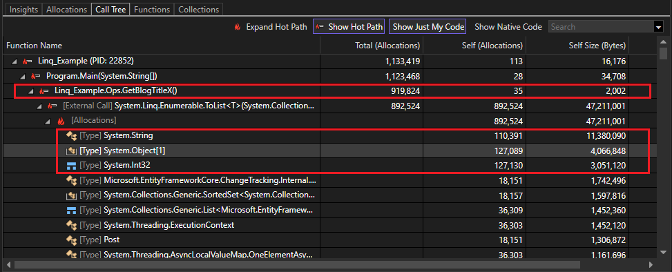 .NET 개체 할당 도구의 호출 트리 뷰 스크린샷.