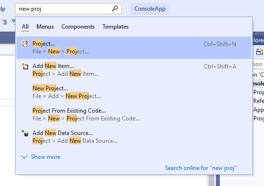 결과가 포함된 Visual Studio Search